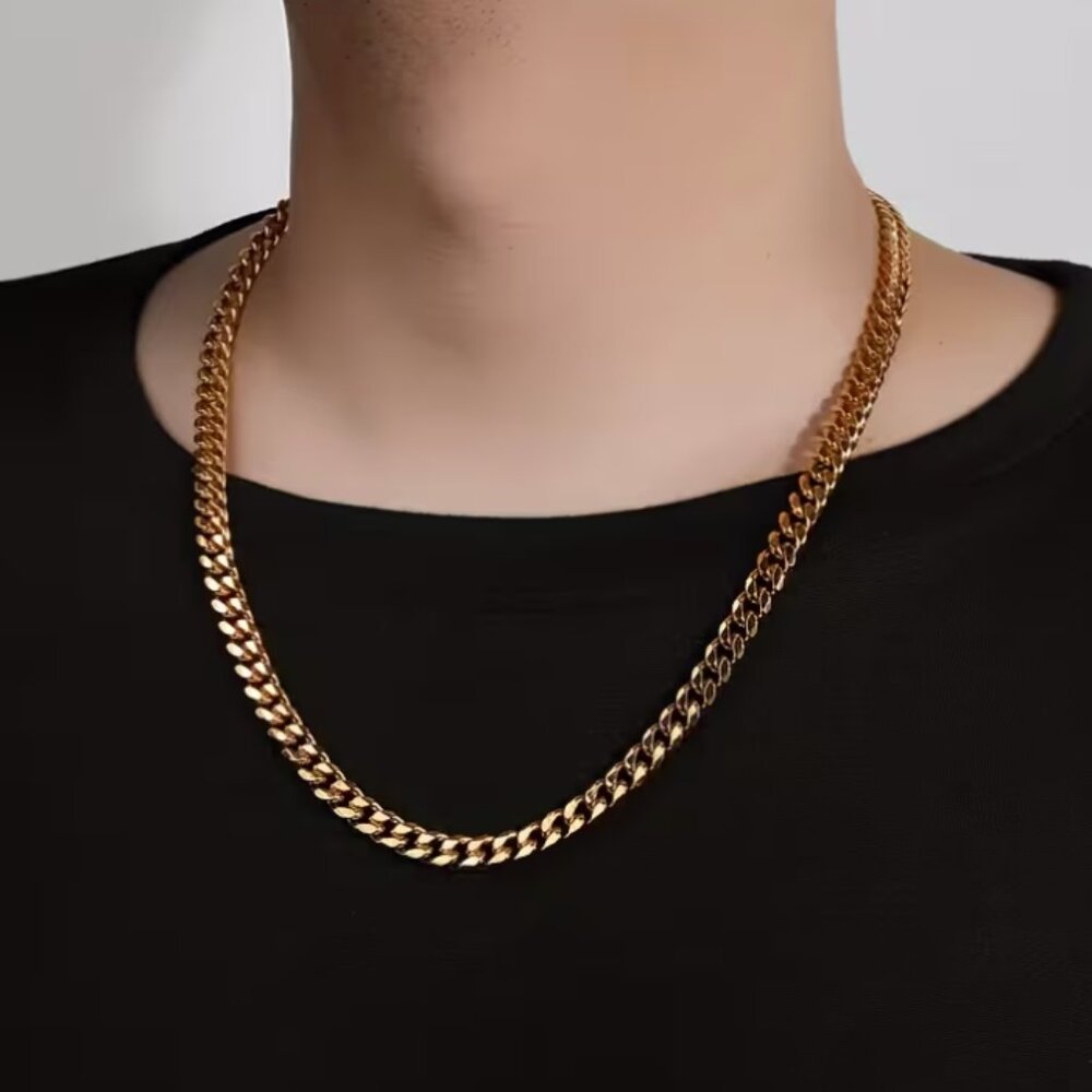 7MM Cuban Chain Necklace, Made of 316L Stainless Steel w/18K Gold Plated Plating